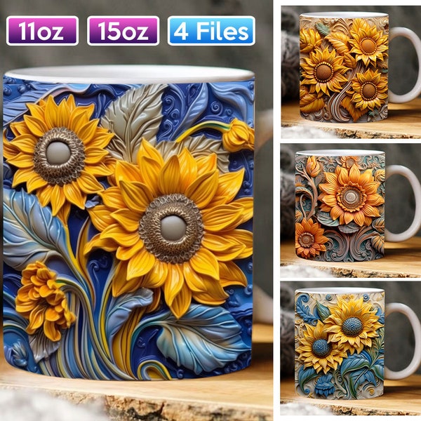 4 Files 3D Sunflowers Mug, 3D Sunflowers Template Mug, 3D Mug Design, Floral Mug PNG, 3D 11oz,15oz Mug Sublimation Wrap, Digital Download