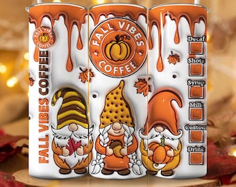 3D Fall Vibes Coffee Inflated Tumbler Wrap, Retro Fall Puffy Tumbler Sublimation, Inflated Gnome, Puffy Pumpkin Design 20oz Skinny Design