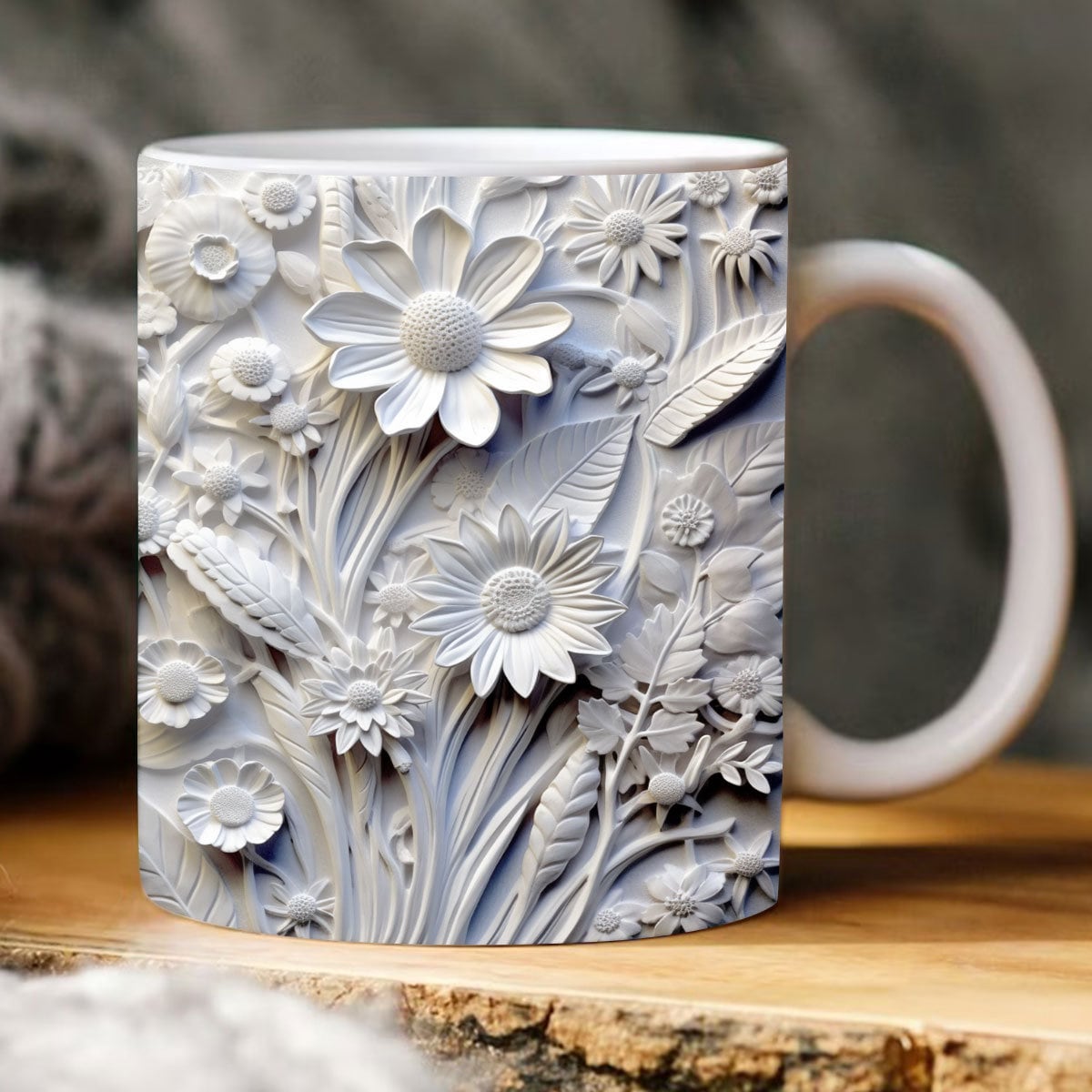 3D Wild Flower Mug, White Wild Floral Mug, Wedding Mug , Floral Mug, 3D Mug, 11oz,15oz Mug