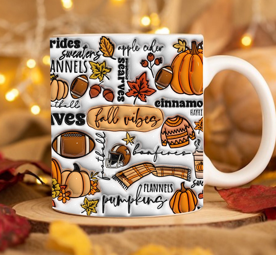 3D Fall Vibes Inflated Mug , 3D Flannels Pumpkins Bonfire Inflated Mug, 3D Fall Pumpkin Mug, Autumn Pumpkin Mug  