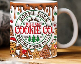 3D North Pole Milk and Cookies Co Inflated Mug, Puffy Gingerbread Mug, 3D Christmas North Pole Mug, Christmas Tree Cake Png, Hot Cocoa Mug