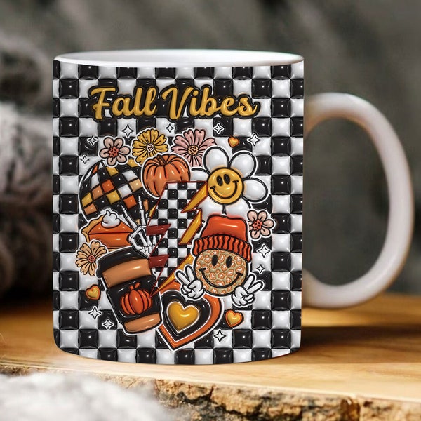 3D Inflated Fall Vibes Mug, 3D Fall Flowers Mug, 3D Fall Leaf Mug Design, Mug PNG, 11oz, 15oz Mug Sublimation Wrap, Digital Download