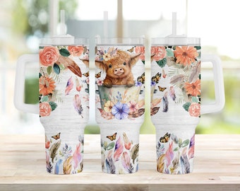 40oz White Cow Print Cowhide Western Insulated Tumbler With Handle