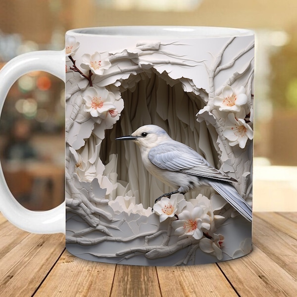 3D Bird Mug Wrap Design, 3D Flower Crack Hole Mug Wrap Png, 3D Mug Design 11oz 15oz Floral Wrap 3D Bird Png Digital File