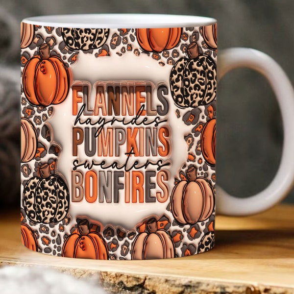 3D Flannels Pumpkins Bonfire Inflated Mug Wrap, 3D Fall Pumpkin Mug, Autumn Pumpkin Puff Design Sublimation, 3D Fall Vibes Inflated