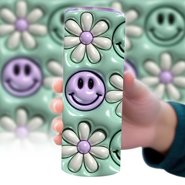 Inflated Flowers Tumbler Wrap Png, 3D Smile Face Tumbler Design, 20oz Skinny Sublimation, Digital Download