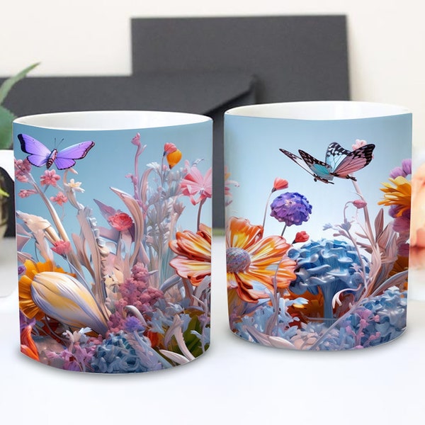 Conception de tasse de fleurs sauvages 3D, conception de tasse de mariage, tasse florale PNG, tasse 3D, 11 oz, 15 oz Mug Sublimation Wrap, téléchargement numérique