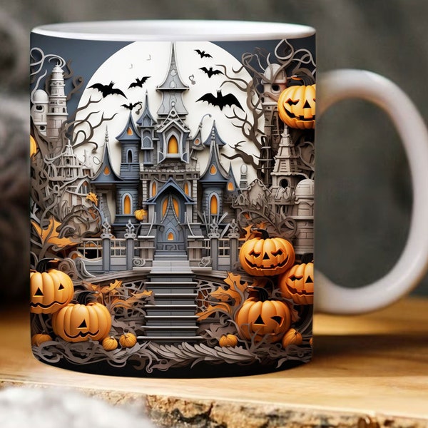 3D Halloween Landscape Haunted House Mug Wrap, 3D Halloween Cracked Hole Mug Wrap, 11oz 15oz Mug Wrap, 3D Floral Mug Sublimation