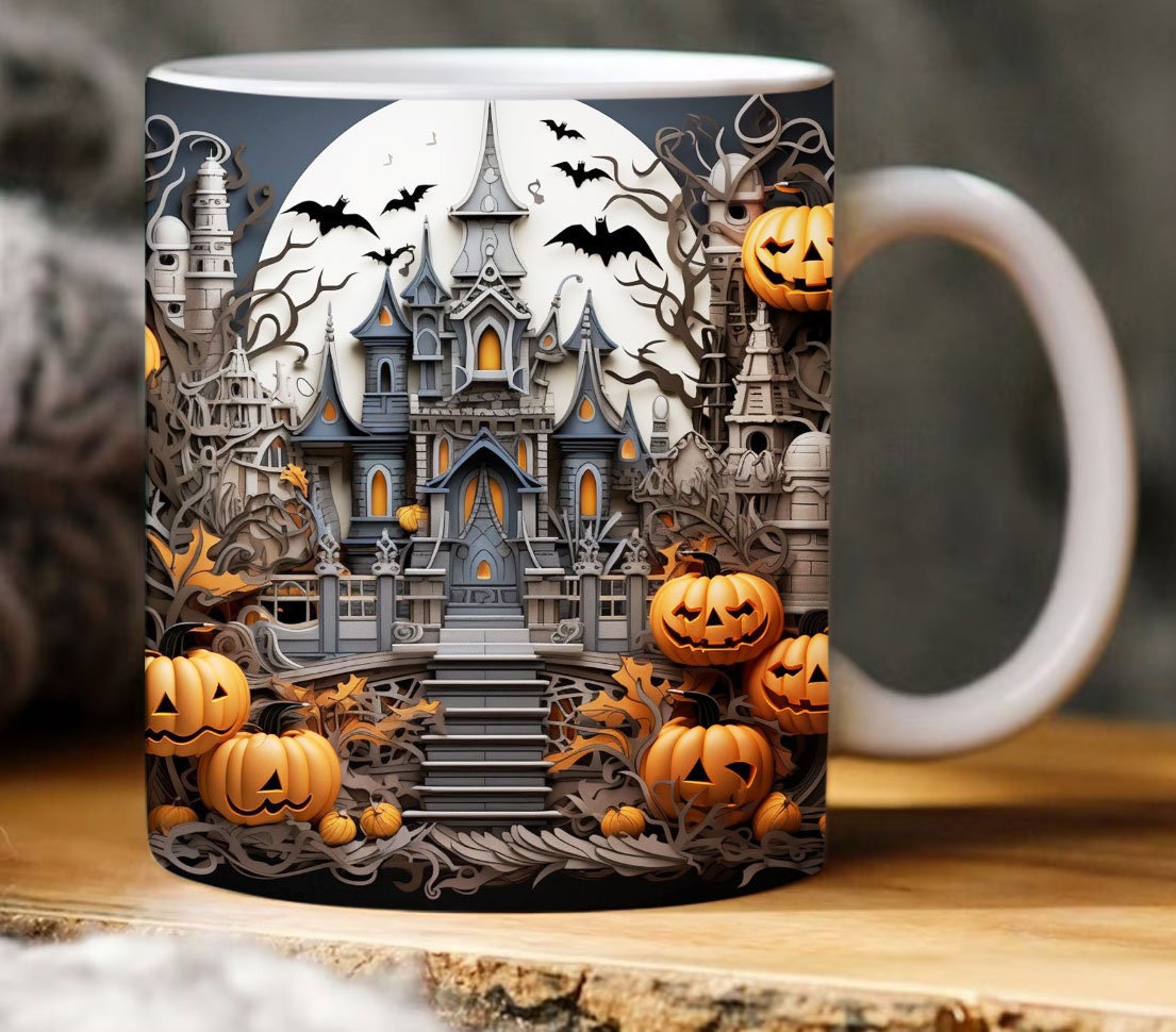 3D Halloween Landscape Haunted House Mug , 3D Halloween Cracked Hole Mug , 11oz 15oz Mug , 3D Floral Mug 