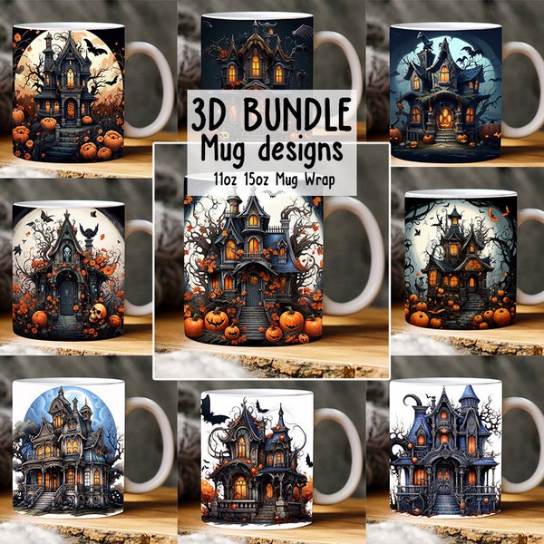 3D Haunted House Mug Wrap Design Bundle, 3D Fall Vibes Mug, 3D Halloween Castle Mug Design Bundle, 11oz,15oz Mug Sublimation