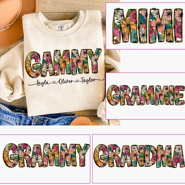 Floral Grandma Bundle png, Grammie Flower Glitter png, Mimi Flower with Kids Names, Gammy floral, Grammy Floral png, Mother's Day Gift