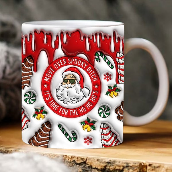 3D It's Time For The Ho Ho Ho's Inflated Mug Wrap, Puffy Christmas Tree Cake, Santa Mug, Christmas Snack Png, Milk Cookies For Santa