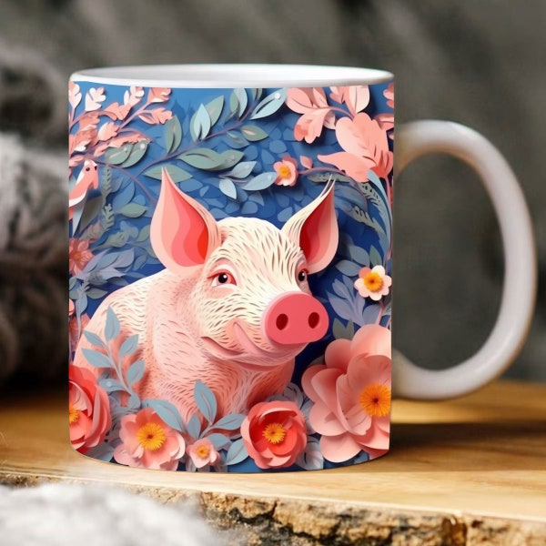 3D Animal Mug Wrap 3D Pig Mug, 3D Mug Design, Summer Mug PNG, 3D Mug, 11oz,15oz Mug Sublimation Wrap Digital Download