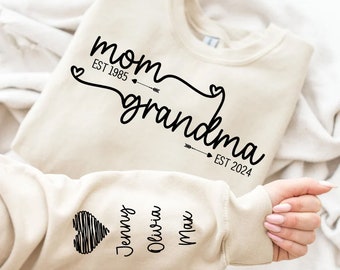 Custom Mom Grandma Est PNG, Retro Mama Png, Mama With Kid Name on Sleeve Png, Happy Mother's Day, Grandma Est Sweatshirt, Gift For Mom