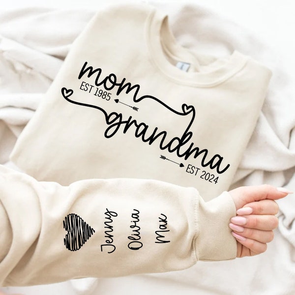 Custom Mom Grandma Est PNG, Retro Mama Png, Mama With Kid Name on Sleeve Png, Happy Mother's Day, Grandma Est Sweatshirt, Gift For Mom