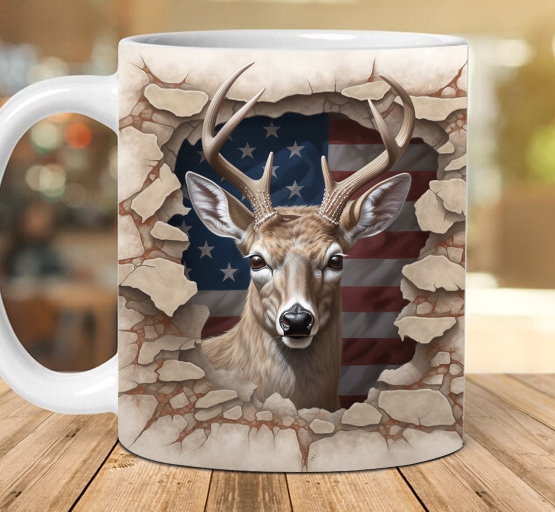 3D Deer American Flag Hole Mug  , 3D Deer Mug , 3D 4th of July Mug , 11oz 15oz Mug