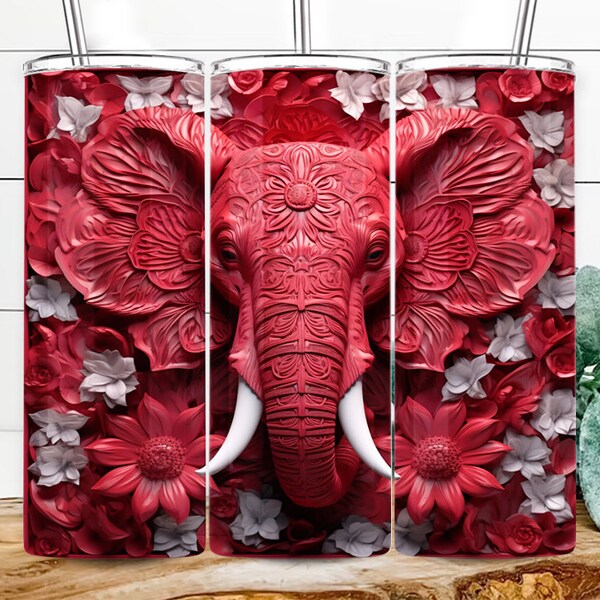 3D Red Elephant Flowers 20oz Skinny Tumbler Wrap, 3D Red Elephant Tumbler Wrap, 3D White Flowers Tumbler Design Sublimation, Digital file