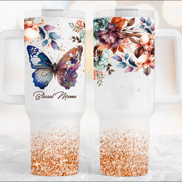 Blessed Mama 40 Oz Tumbler Wrap, Watercolor Boho Floral Glitter Seamless Tumbler Design For Sublimation, Digital Download, Mom Tumbler Wrap