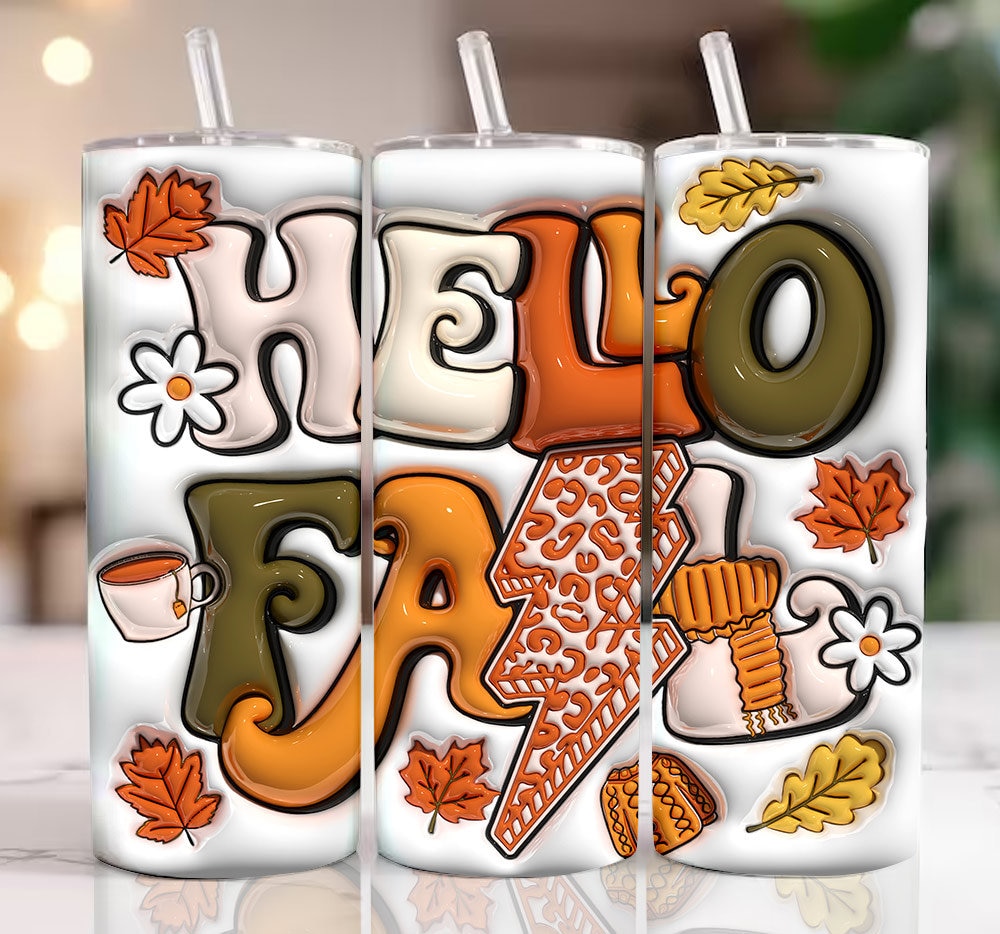 3D Hello Fall Inflated Tumbler , 3D Fall Vibes Inflated Tumbler , Retro Fall Puffy , Puffy Pumpkin  20oz 