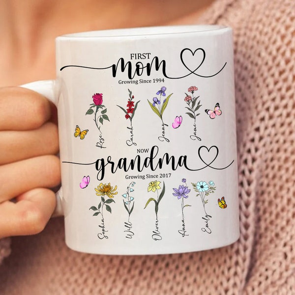 Mug fleurs de naissance personnalisée Png, Mug cadeau grand-parent, Png fleur du mois, prénoms petits-enfants personnalisés, impression Wlidflower, tasse première maman maintenant grand-mère