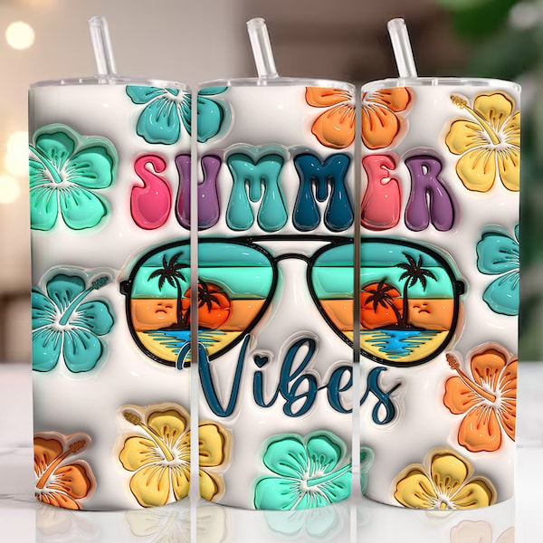 3D Summer Vibes Inflated Tumbler Wrap, 3D Tropical Summer Wrap, 3D Tropical Flowers Puffy 20oz Skinny Sublimation Digital Downloads 3D Puffy