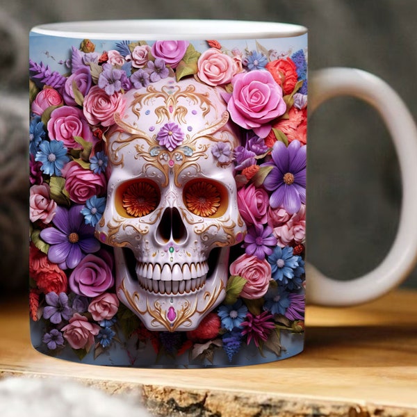 3D Sugar Skull Florals and Butterflies Mug Wrap, Sugar Skull Summer Colors 11oz 15oz Mug Sublimation Design Digital File Instant Download