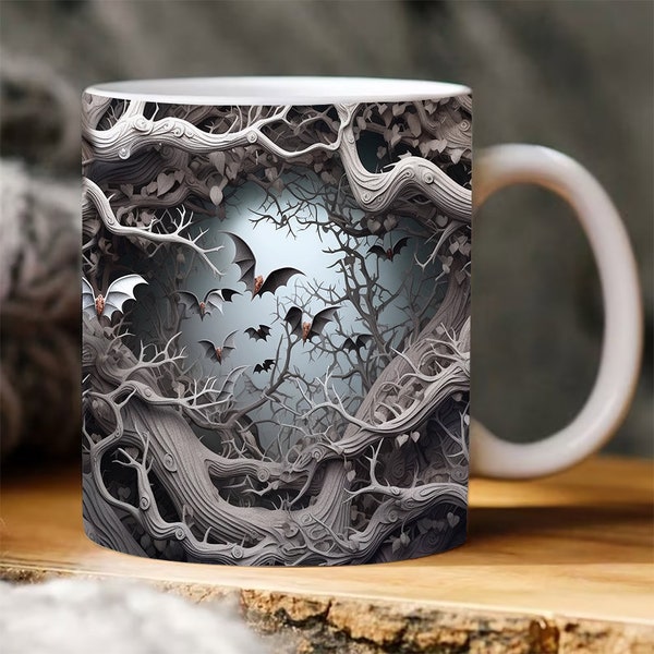 3D Bat Cave Halloween Mug Wrap, 3D Fall Vibes Mug Wrap, 3D Scary Bat 11oz 15oz Mug Sublimation, Halloween Season Mug Design