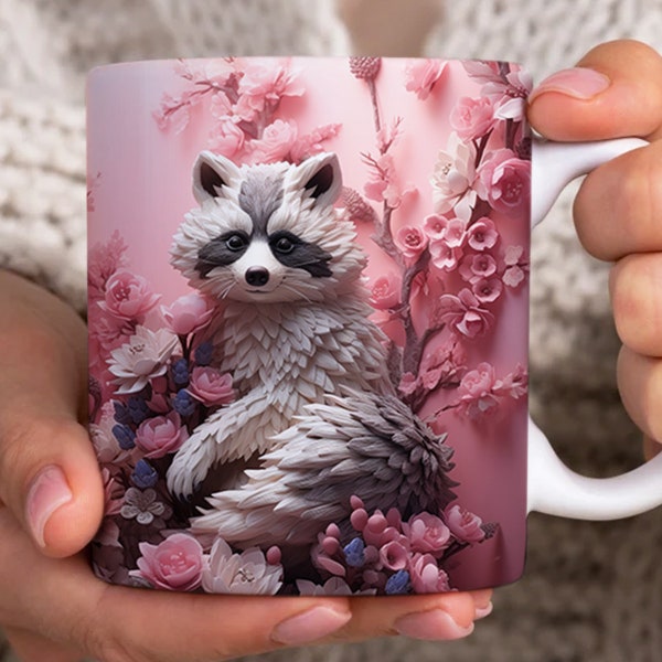 3D Raccoon with Flowers Mug,3D Raccoon Pink Floral Bee Mug Wrap, 3D White Wild Floral Mug Png, 11oz 15oz Mug Png Instant Download PNG