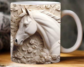 3D Carved  White Horse Sublimation Mug Wrap, 3D Horse And Rose 11 oz 15 oz mug wrap, Coffee Mug, Mug Wrap 3D Mug Press Design Carved mug