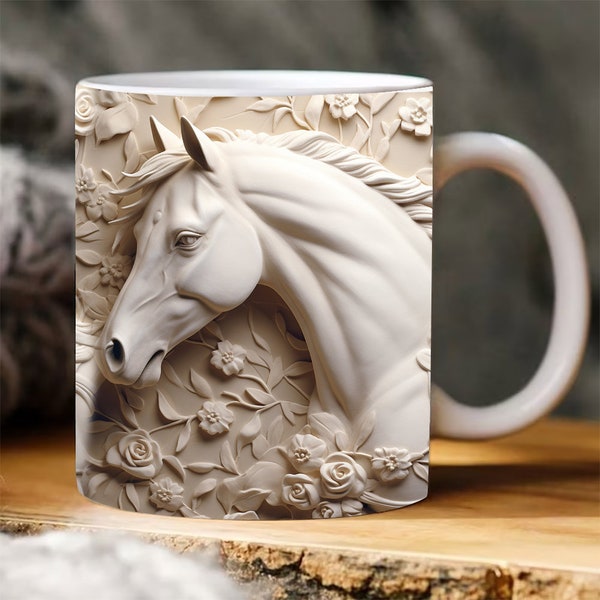 3D Carved  White Horse Sublimation Mug Wrap, 3D Horse And Rose 11 oz 15 oz mug wrap, Coffee Mug, Mug Wrap 3D Mug Press Design Carved mug