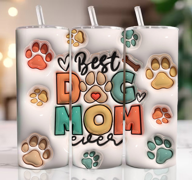 3D Dog Mom 20oz Skinny Tumbler Wrap Sublimation Design, 3D Dog Tumbler Design, 3D Dog Mom Inflated Tumbler, Digital Download image 1
