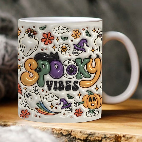 3D Inflated Spooky Vibes Mug, 3D Spooky Mug, 3D Halloween Mug Design, Mug PNG, 11oz, 15oz Mug Sublimation Wrap, Digital Download