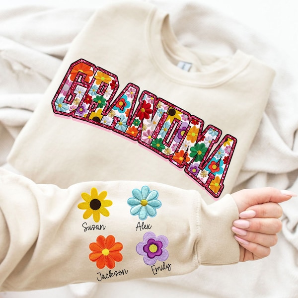 Grandma Spring Floral Faux Embroidered PNG, Grandma With Kids Name Design, Floral Grandma PNG Shirt Design, Mother's Day Gift, Sublimation