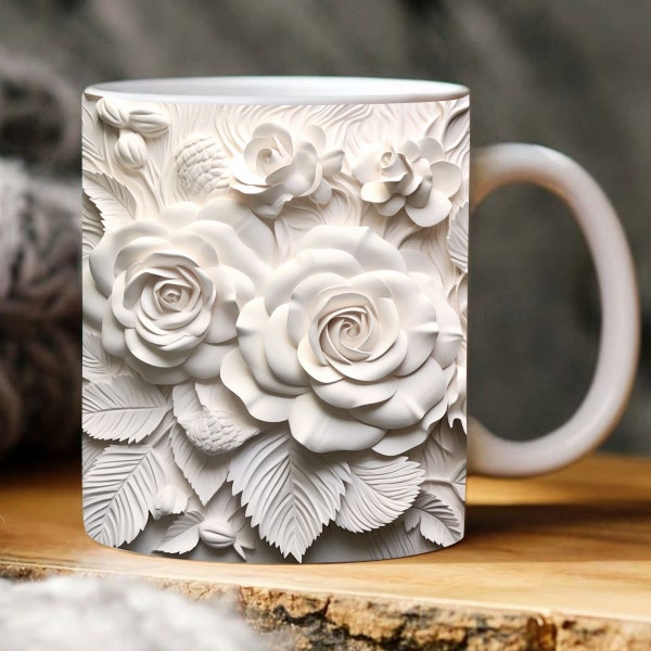 3D Rose Flower Mug, White Roses Floral Mug, Wedding Mug Design, Floral Mug PNG, 3D Mug, 11oz,15oz Mug Sublimation Wrap, Digital Download