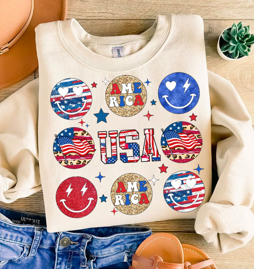 Smiley American PNG Faux Sequins Stars, USA Shirt Design, 4th of July ...