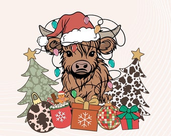 Highland Cow Christmas PNG, Retro Christmas PNG, Holiday Cow Png, Highland Cow Shirt, Trendy png Design, Western Christmas png sublimation