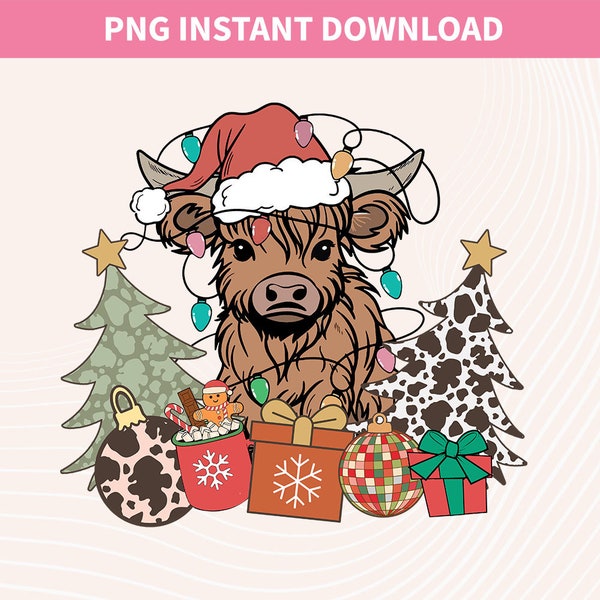 Highland Cow Christmas PNG, Retro Christmas PNG, Holiday Cow Png, Highland Cow Shirt, Trendy png Design, Western Christmas png sublimation