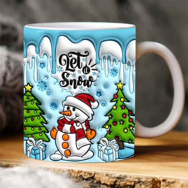 3D Let It Snow Opgeblazen Mok Wrap, 3D Gezwollen Sneeuwpop Mok, Kerstcadeau, Gezwollen Sneeuwvlokken Png, Vrolijke en Heldere Mok, Kerstvakantie Mok