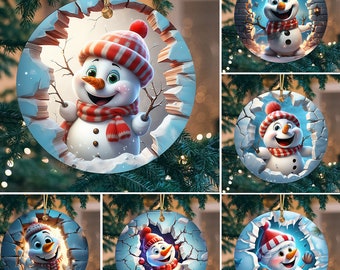 3D Christmas Snowman Bundle Ornament, 3D Christmas Break Through Ornament Sublimation PNG, Instant Digital Download, 3D Crack Hole Christmas