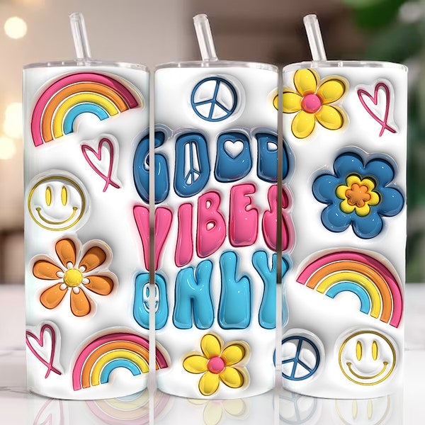 3D Inflated Good Vibes Only Tumbler Wrap, Retro Wavy Text PNG, Happy Face, Positive vibes, 3D Puffy Smiley Face Wrap, Digital Download