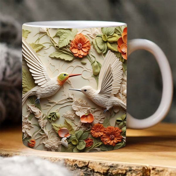 3D Floral Bird Mug Sublimation Wrap, 3D Hummingbird 11 oz 15 oz mug wrap, Coffee Mug, Mug Wrap Digital Download 3D Mug Press PNG