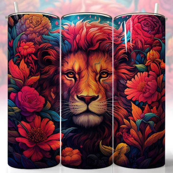 Lion Floral 20oz Skinny Tumbler Sublimation Design, Colorful Lion Instant Digital Download PNG, Lion Flowers 20oz Straight Tumbler Wrap