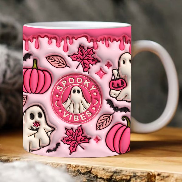 3D Spooky Vibes Inflated Mug Wrap PNG, 3D Puff Pumpkin Mug Sublimation, Puffy Pink Halloween Mug, 3D Ghost Tumbler, Digital Download