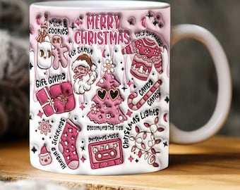 3D Inflated Merry Christmas Mug Wrap, Christmas 11oz 15oz Mug Design Download PNG, 3D Puff Santa Claus 20oz Digital Mug Wrap PNG Download