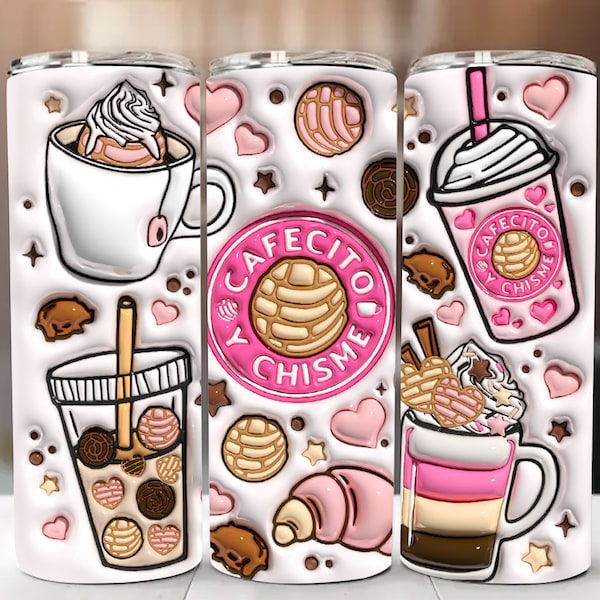 3D Cafecito y Chisme Inflated Tumbler Wrap, 3D Pan Dulce Tumbler, Mexican Gifts, Puffy Coffee Tumbler, Conchas Mexicanas, Digital Download