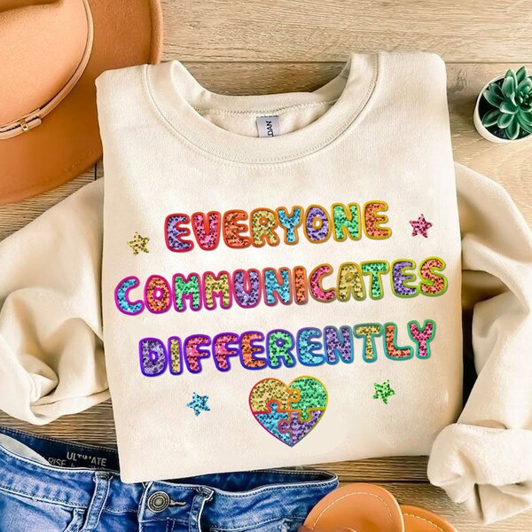 Everyone Communicates Differently Faux Sequins Png, Autism Mama Embroidered Png, Neuro-Diverse Mama,  Autism Awareness Png, Autism Teacher