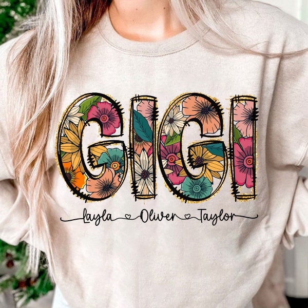 Floral Gigi png, Gigi Flower Glitter png, GIGI Flower with Kids Names, Gigi floral, Custom Mama groovy png, Mother's Day Gift, Auntie Design