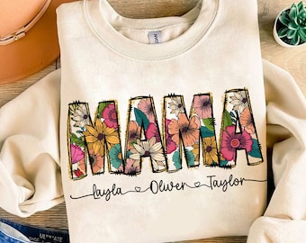 Floral Mama png, Mama Flower Glitter png, Mama Flower with Kids Names, Mama floral, Custom Mama groovy png, Mother's Day Gift, Mama Design