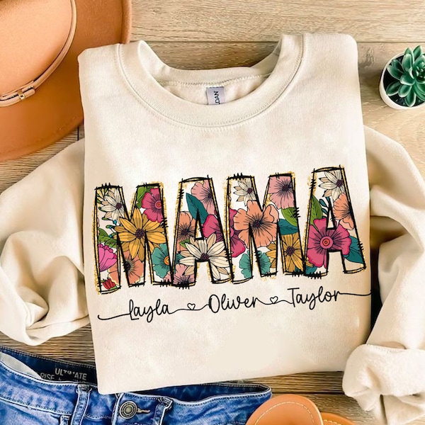 Floral Mama png, Mama Flower Glitter png, Fleur de maman avec des noms d'enfants, Mama floral, png groovy de maman personnalisé, cadeau de fête des mères, conception de maman