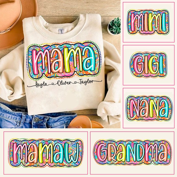 Mama Dalmatian PNG, Mothers Day Bright Flowers Bundle Png, Grandma Auntie Bright Doodle Dots,Custom Mama with Kids Name Design, Mother's Day